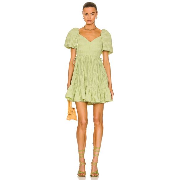 Jonathan Simkhai Cadence Plisse Dress Puff Sleeve Tiered Coastal Prairie Sz 2 - Picture 2 of 11